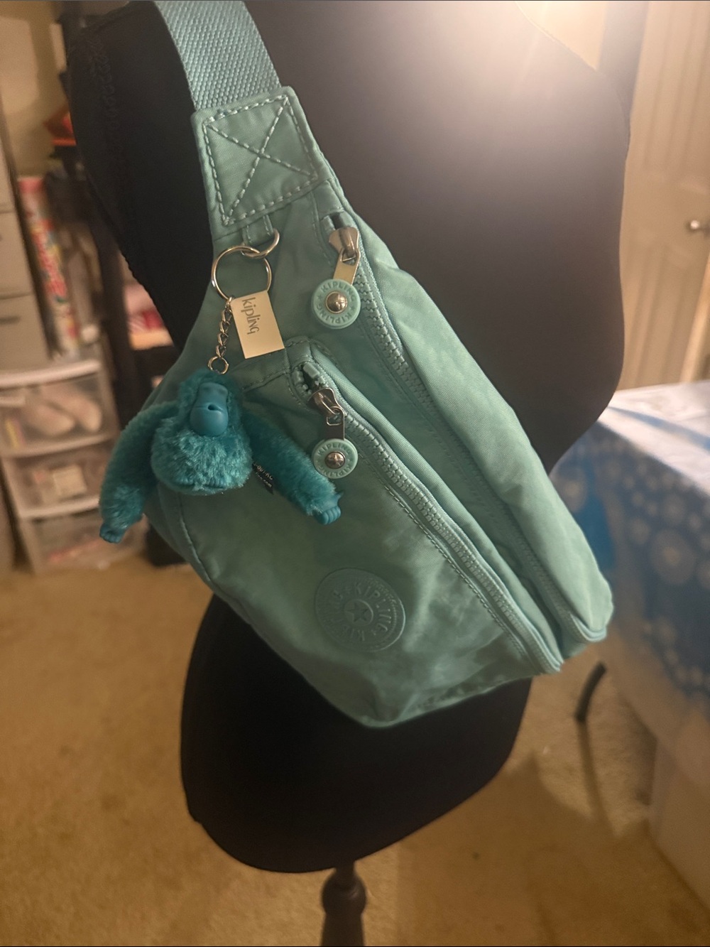 Kipling Teal Green Crossbody Sling with Monkey Charm